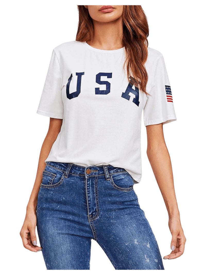 SweatyRocks Women's Graphic T Shirts Letter Print Flag Short Sleeve Casual Crop Tops Bright White Large - Image 1